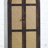 Armoire en rotin et bois avec portes cintrées, meuble de rangement contemporain pour chambre à coucher, meuble autoportant