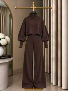 Women’s Two Piece Wide Leg Pants Set <b>Cropped</b> <b>Turtleneck</b> Puff Sleeve <b>Top</b> Elegant Casual Autumn Winter Outfit - Product Image 6