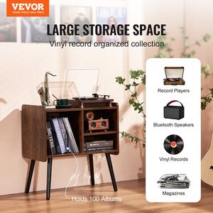Meuble de rangement vintage pour disques vinyles avec étagères amovibles, capacité 100 albums, support pour tourne-disque, étagères pour CD, lecteur de disques - Product Image 2