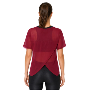 Overlap Back Yoga Shirt for Women <b>Sheer</b> Mesh Short Sleeve Round Neck Relaxed Fitness Top Curved Hem Studio Exercise Layering Tee - Product Image 2