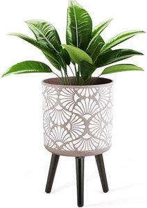 Maceta Moderna de Resina con Patrón Circular y Acabado Glaseado para Plantas de Interior, con Soporte de Madera, Diseño Minimalista en Blanco y Beige - Product Image 1