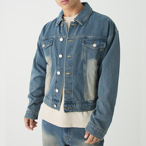 Veste en jean décontractée brodée coupe oversize coupe-vent à épaules tombantes pour homme, noire délavée, 100 % coton, hiver - Product Image 1