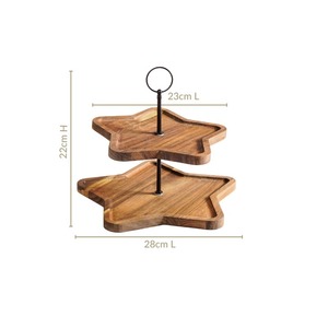 Charming Two Tier Wooden <b>Cake</b> <b>Stand</b> Featuring Star Shaped Trays & A Black Metal Stem With A Ring Handle For Serving & Decoration - Product Image 2