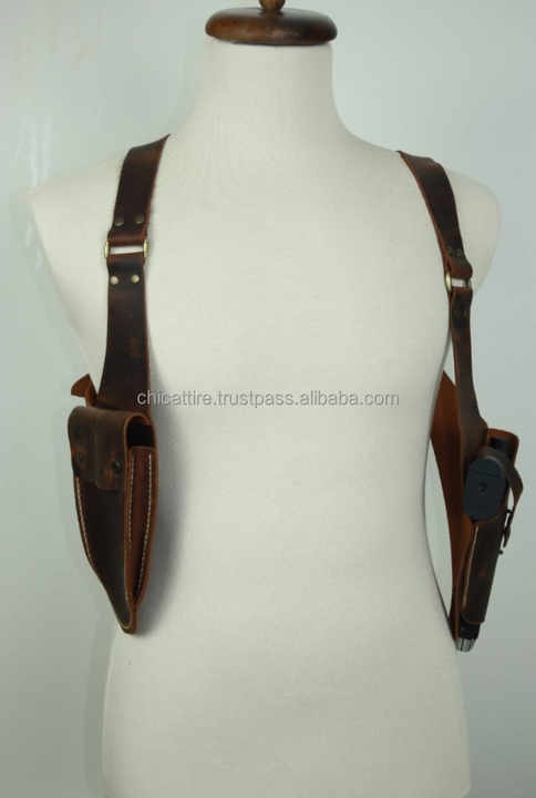 Hot Sale 2024 Real Handmade Cowhide Leather Vertical Concealed Holster With Double Mag Hander Western Concealed Carry Cowboy Bag