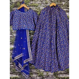 Lehenga de seda cruda bordado pesado de diseñador azul elegante para conjuntos de mujer - Product Image 4