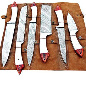 Ensemble de 6 couteaux de chef en acier Damas faits à la main avec manches en os de chameau, couteaux professionnels de cuisine pour trancher, hacher et couper - Product Image 5