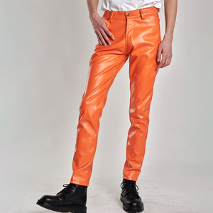 กางเกงขายาวทรงตรงหนัง PU สีส้มสำหรับผู้ชาย เอวกลาง ติดกระดุม สไตล์ลำลอง ใส่ได้ในฤดูใบไม้ร่วง - Product Image 2