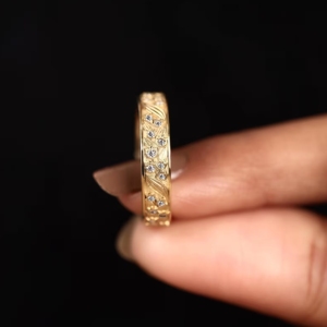 Round Moissanite Wedding Band Vintage Floral Gold Leaf Engraved Eternity Band Antique Diamond <b>Stacking</b> <b>Ring</b> Promise Gift - Product Image 2