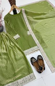 Lime <b>Green</b> <b>Silk</b> Sharara Suit for Women Indian Ethnic Wear Party Dress Pakistani Style Embroidered Salwar Kameez with Lace Work - Product Image 4