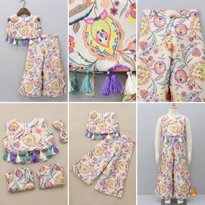 Luxury Children's Heavy Floral Printing Work 100% Cotton Palazzo With Crop Sleeveless <b>Top</b> 2 Pcs Set For 2 To 10 Yr Kids Girls - Product Image 2