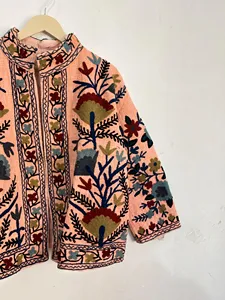 <b>Women</b> Boho <b>Light</b> Pink Suzani Embroidered Cotton <b>Jacket</b> Stand Collar Floral Handwork Ethnic Short Coat Vintage Style Outerwear - Product Image 3