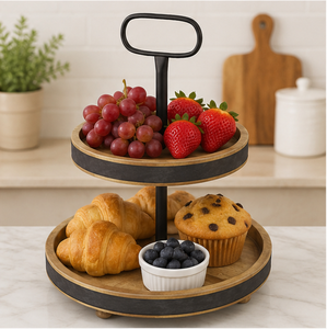 Support à gâteau en bois à 2 niveaux avec accents métalliques, plateau de service à étages pour table de dessert de mariage et organisateur de comptoir de cuisine - Product Image 6