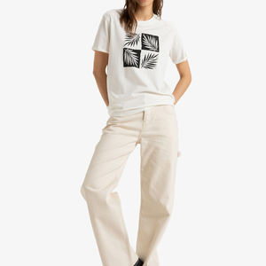 <b>White</b> Short Sleeve O-Neck T-<b>Shirt</b> with Palm Leaf Print <b>Slim</b> <b>Fit</b> Polyester/Cotton Casual Men's Eco-Friendly Breathable Top - Product Image 1