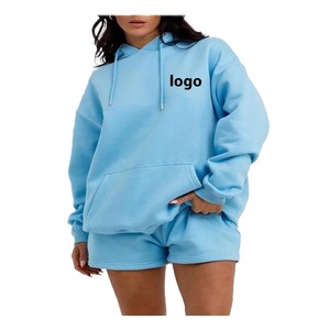 Ensemble 2 pièces en molleton bleu clair pour femme : sweat à capuche et short, coupe décontractée, couleur unie, tenue quotidienne, idéal pour le printemps - Product Image 4