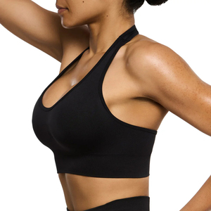 Women's Black <b>Halter</b> Sports <b>Bra</b> Medium Support Scoop <b>Neck</b> Yoga Fitness Top Solid Color Spandex Polyester Sports <b>Bra</b> - Product Image 4