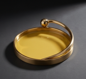 Plateau rond en métal émaillé finition or avec poignée en boule, plateau de service décoratif moderne jaune pour table basse et collations, vente en gros - Product Image 5