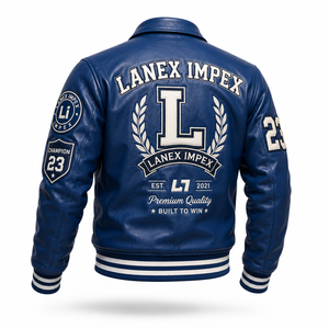 Custom Blue <b>Leather</b> Varsity <b>Jacket</b> for <b>Men</b> Letterman Bomber <b>Jacket</b> with Embroidered Chenille Patches OEM ODM Wholesale Supplier - Product Image 3