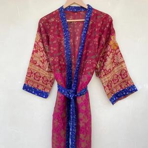 Floral 100% Silk Drawstring V-neck Cardigan <b>Robe</b> for <b>Women</b> Red Blue Kimono Gown Summer Autumn Spring Size Free Smooth Daily Life - Product Image 1