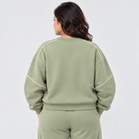 Sweat-shirt à col rond vert sauge pour femme, best-seller, épaules tombantes, manches longues, passepoil contrastant, en molleton, pour femme