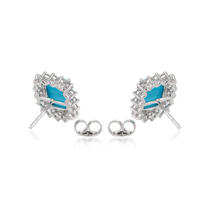 Boucles d'oreilles clous en turquoise et diamant taille octogonale 9x7mm, dernière conception, or blanc 14K, pour commande en gros, fournisseur de bijoux - Product Image 6