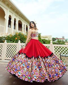 Traditional Orange <b>Navratri</b> Lehenga Choli with Black Printed Dupatta | Designer Gujarati <b>Garba</b> <b>Dress</b> for Women - Product Image 3