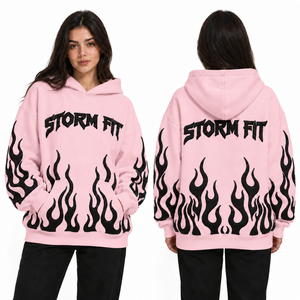 Sudadera con Capucha Extra Grande Personalizada para Mujer, Color Rosa, Estampado de Llamas, Tejido de Algodón, Ecológica, Resistente al Viento, Estilo Urbano, Invierno - Product Image 5
