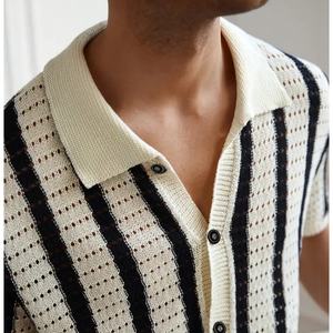 Pull tricoté décontracté à rayures pour homme, col polo, manches courtes, ajouré, avec logo personnalisé OEM - Product Image 2