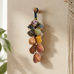 Décoration murale en cristal naturel des sept chakras, Nazar Battu, enroulé de fil doré, pour entrée de maison, bureau, vente en gros - Product Image 2