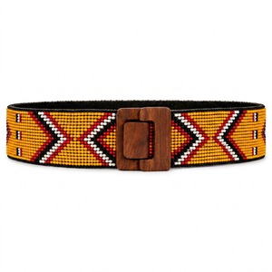 Cinturón Étnico Bohemio Trenzado con Cuentas, Patrón Geométrico, Hebilla de Madera Elástica, Ancho, Accesorio de Moda - Product Image 1