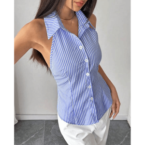 เสื้อคอ halter ลายทางผูกเอว เสื้อครอปติดกระดุม เสื้อคอ halter โชว์หลัง ลายทางรัดเอว เสื้อทรงบลาวส์สำหรับฤดูร้อน - Product Image 4