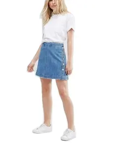 custom cotton denim skirt women girl above knee length washed blue color oem logo embroidery