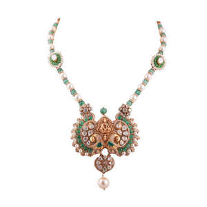 Exquisito Collar Gajaah de Plata 925 con Diamantes Polki y Esmeraldas del Templo Lakshmi, con Perlas, Conjunto de Collar de Novia Tradicional Indio - Product Image 3