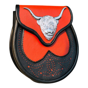Traditional Red Black Leather Sporran Bull Face Badge Sporran With <b>Belt</b> & <b>Chain</b> Top Selling 2026 - Product Image 2