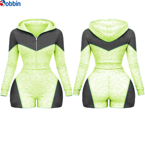 <b>Top</b> Trending Hot Selling Women's Hooded Color Block 2Pcs Short Set Sporty Zipper Knitted Spandex Polyester Spring Summer Workout - Product Image 6