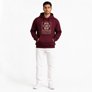 Sweat-shirt à capuche pour homme en polyester et coton, couleur bordeaux, avec logo imprimé sur le devant et poche kangourou, vêtement décontracté - Product Image 3