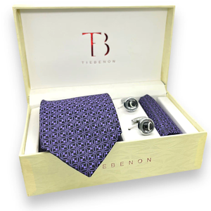 Purple Geometric Tie Set Pocket Square <b>Cufflinks</b> | 100% Silk Eco-Friendly Woven Necktie Gift <b>Box</b> Combo | Formal Party - Product Image 2