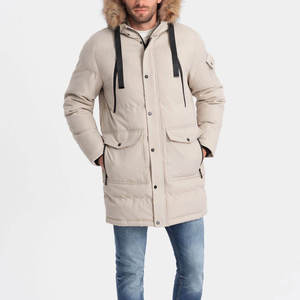 Global Industry <b>Men's</b> Beige Hooded Puffer Jacket Windproof Plus Size Long Casual <b>Winter</b> <b>Coat</b> Polyester Lining Zipper Closure OEM - Product Image 1