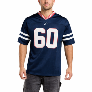 Maillot de football américain rétro pour homme, en maille respirante, polyester, manches rayées, numéro imprimé, t-shirts de sport en maille bleue - Product Image 1