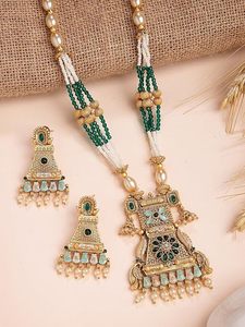 Conjunto de Collar Largo y Pendientes de Aleación de Cobre Chapado en Oro Indio con Diseño de Flor de Circonio, Joyería Tradicional para Bodas de Mujer - Product Image 5