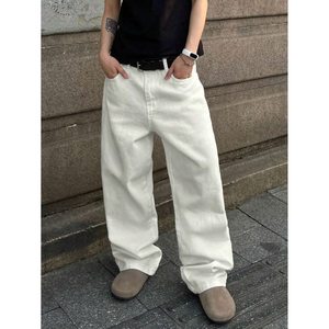 Jean en denim beige taille haute coupe droite pour homme – Écologique, respirant, mode estivale, délavage clair, style vintage, tailles 26-40, moderne - Product Image 3