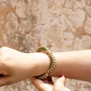 Green Gemstone Gajaah 925 Sterling Silver Regal <b>Gold</b>-<b>Plated</b> Polki Single <b>Bangle</b> with Green Enamel For Women Party Wear - Product Image 4