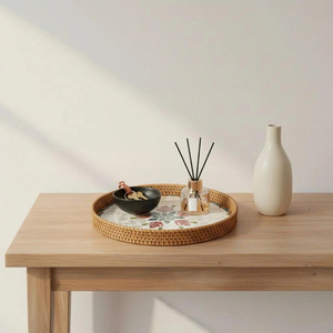 Plateau en mosaïque de nacre encadré de rotin naturel, fait main, incrustation de coquillages, plateau de service, pièce maîtresse décorative pour la maison bohème - Product Image 6