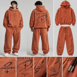 Conjunto de Sudadera con Capucha y Pantalones Deportivos para Hombre, Color Naranja Sólido, Estilo Urbano, con Logotipo Bordado Personalizado, Algodón Grueso - Product Image 5