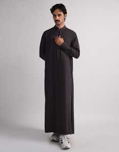Men's Black Floor Thobe Stand Collar <b>Long</b> Sleeve Solid Color Modest Islamic Prayer Wear Middle East Style All Season Plus Size - Product Image 3