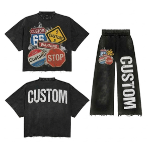 Ensemble T-shirt et pantalon déchiré pour homme, décontracté, avec motif graphique en strass thermocollés, T-shirt à col côtelé délavé à l'acide, Survêtement unisexe pour homme - Product Image 2
