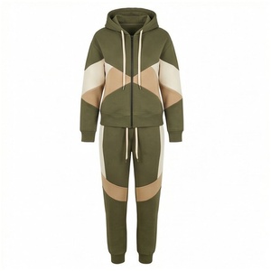 Ensemble de survêtement 2 pièces pour femme, color block, à capuche, avec sweat-shirt zippé et pantalon de jogging, décontracté, automne, manches longues, en coton mi-lourd - Product Image 1