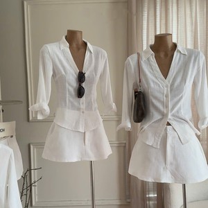 High Quality OEM ODM <b>Women's</b> Casual Solid White V-Neck Shirt <b>Skort</b> 2-Piece Set Breathable Quick Dry 100% Polyester Oxford Fabric - Product Image 1