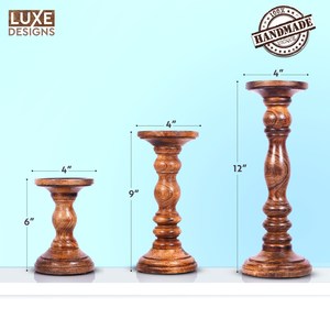 Juego de 3 Portavelas de Madera de Mango Tallada a Mano con Acabado en Nogal Intenso, Soportes Decorativos para Velas de Pilar para un Estilo Atemporal en el Hogar - Product Image 6