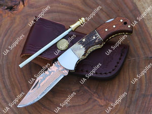 Couteau utilitaire pliant EDC à pointe clip, en acier Damas cuivré, manche en corne de cerf et bois de rose, personnalisable pour le camping, la chasse et la pêche - Product Image 4