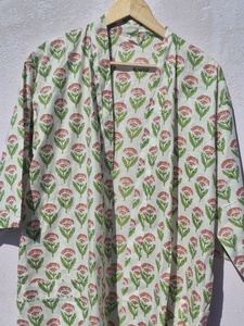 ชุดคลุมบ้านผ้าฝ้ายแท้พิมพ์ลายบล็อกอินเดีย คิโมโนฤดูร้อน |   ชุดคลุมชายหาดลายดอกไม้/ชุดคลุมสำหรับคนท้อง สปริงบลูเทอร์ควอยซ์วอเตอร์ส เอ็กซ์ - Product Image 4